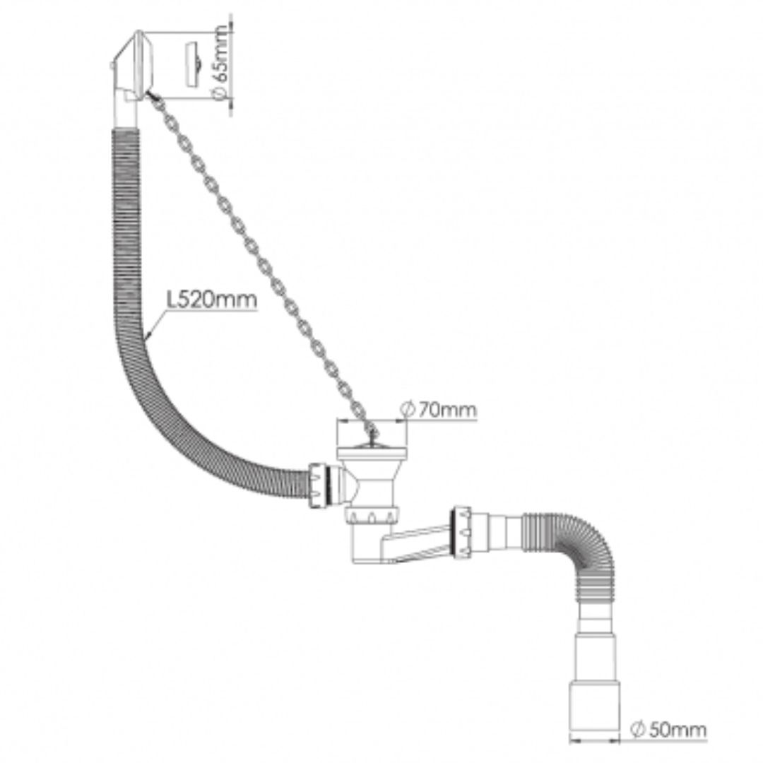 картинка Сифон ZEGOR для ванны низкий h120, выпуск 70мм пласт/цепочка гибк.труба 1 1/2-40/50 25шт/уп в магазине ТМК